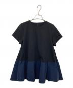THREE SQUAREスリースクエア）の古着「裾フリルノースリーブカットソー」｜ブラック×ネイビー