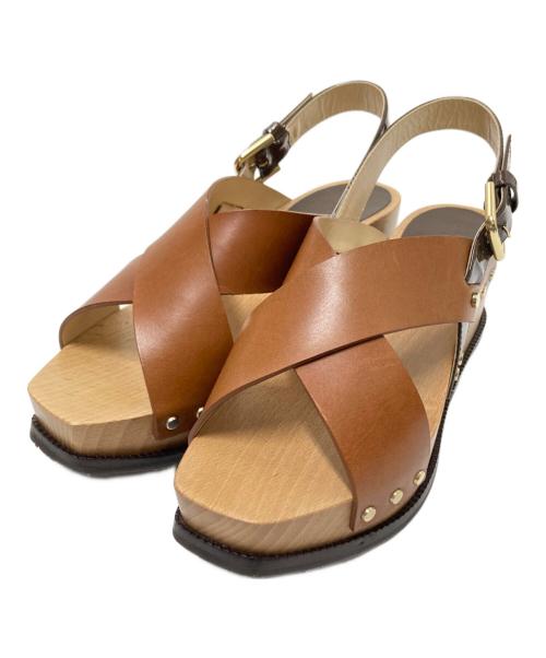 JIMMY CHOO（ジミーチュウ）JIMMY CHOO (ジミーチュウ) ウッドソールサンダル ベージュ×ブラウン サイズ:37の古着・服飾アイテム