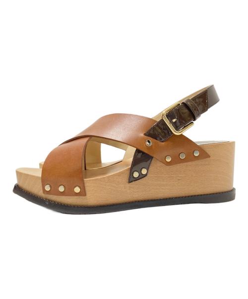 JIMMY CHOO（ジミーチュウ）JIMMY CHOO (ジミーチュウ) ウッドソールサンダル ベージュ×ブラウン サイズ:37の古着・服飾アイテム