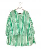 TOMORROW LAND collectionトゥモローランドコレクション）の古着「コットンシルクオーガンジーマルチストライプ オープンカラーブラウス」｜ホワイト×グリーン