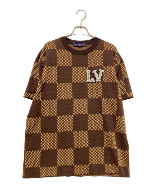 LOUIS VUITTON（ルイ ヴィトン）LOUIS VUITTON (ルイ ヴィトン) S/SコットンダミエクルーネックウィズストラスLVパッチ カットソー ブラウン×ベージュ サイズ:Mの古着・服飾アイテム