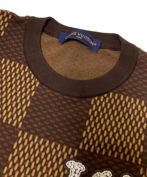 LOUIS VUITTON（ルイ ヴィトン）LOUIS VUITTON (ルイ ヴィトン) S/SコットンダミエクルーネックウィズストラスLVパッチ カットソー ブラウン×ベージュ サイズ:Mの古着・服飾アイテム