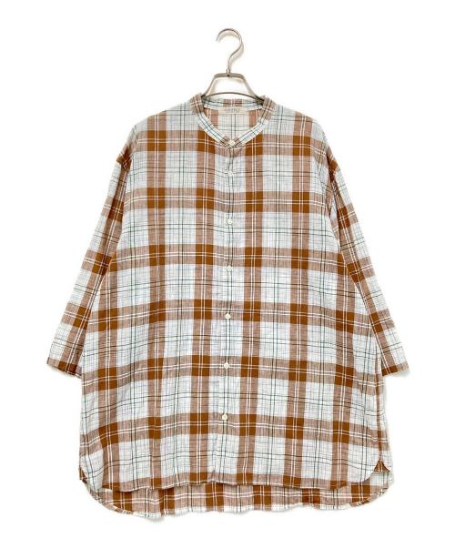 confect（コンフェクト）confect (コンフェクト) バンドカラーチェックシャツ ホワイト×ブラウン サイズ:4の古着・服飾アイテム