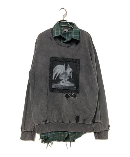 DROPDEAD（ドロップデッド）DROPDEAD (ドロップデッド) シャツレイヤードスウェット グリーン×グレー サイズ:Mの古着・服飾アイテム