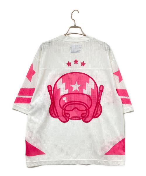 BEAMS（ビームス）BEAMS (ビームス) メッシュカットソー ホワイト×ピンク サイズ:Sの古着・服飾アイテム