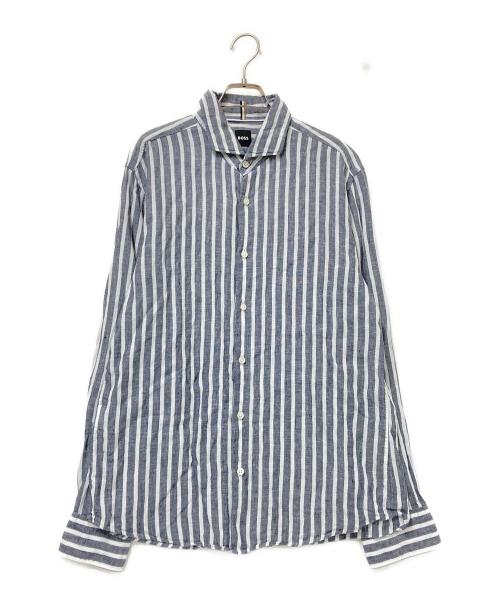 BOSS（ボス）BOSS (ボス) リネンストライプシャツ ホワイト×グレー サイズ:Lの古着・服飾アイテム