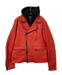 mackage（マッカージュ）の古着「フードレイヤードレザーライダースジャケット」｜レッド×ブラック（flame）