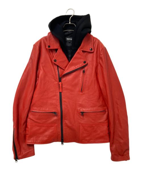 mackage（マッカージュ）mackage (マッカージュ) フードレイヤードレザーライダースジャケット レッド×ブラック（flame） サイズ:38の古着・服飾アイテム