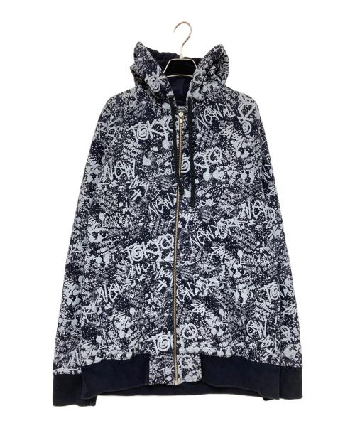 stussy（ステューシー）stussy (ステューシー) 総柄ジップパーカー ホワイト×ブラック サイズ:XLの古着・服飾アイテム