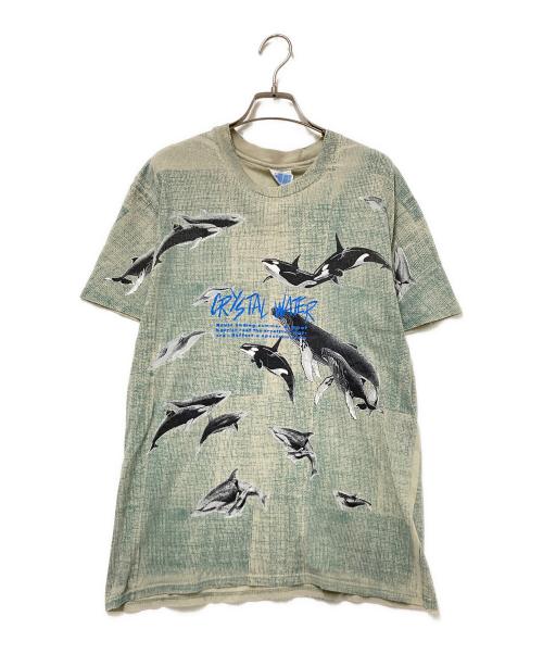 Hanes（ヘインズ）Hanes (ヘインズ) 総柄プリントTシャツ グリーン×ベージュ サイズ:Mの古着・服飾アイテム