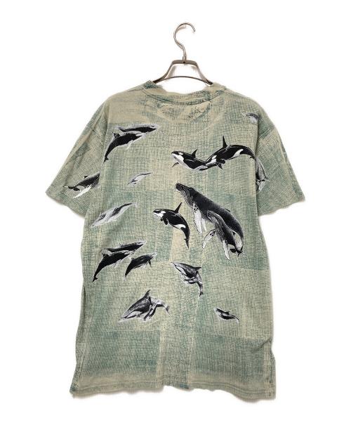 Hanes（ヘインズ）Hanes (ヘインズ) 総柄プリントTシャツ グリーン×ベージュ サイズ:Mの古着・服飾アイテム