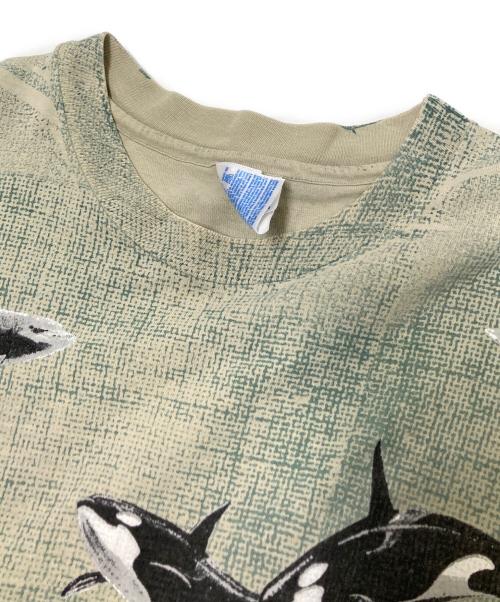 Hanes（ヘインズ）Hanes (ヘインズ) 総柄プリントTシャツ グリーン×ベージュ サイズ:Mの古着・服飾アイテム