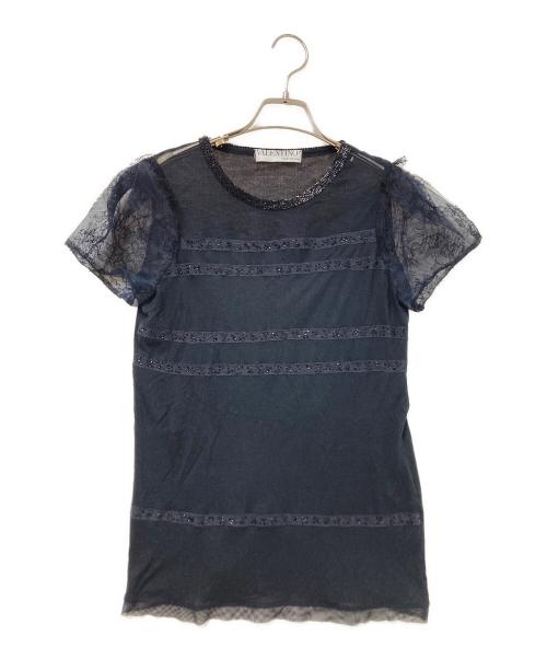 VALENTINO（ヴァレンティノ）VALENTINO (ヴァレンティノ) ビーズ装飾レース切替カットソー ブラック サイズ:8の古着・服飾アイテム