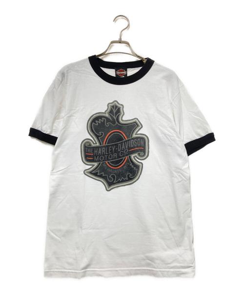 HARLEY-DAVIDSON（ハーレーダビッドソン）HARLEY-DAVIDSON (ハーレーダビッドソン) リンガープリントTシャツ ホワイト×ブラック サイズ:Sの古着・服飾アイテム
