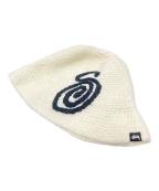 stussyステューシー）の古着「Bucket Hat Swirly S Knit Bone」｜ブラック×ホワイト