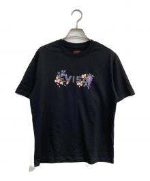 EVISU（エヴィス）の古着「花柄とラインストーンロゴ オーバーサイズTシャツ 2ESTW4TS4084OSCT」｜ブラック