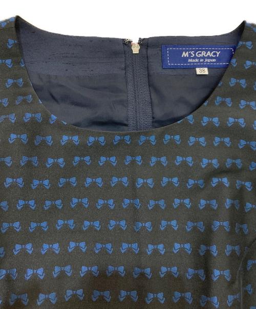 M'S GRACY（エムズグレイシー）M'S GRACY (エムズグレイシー) リボンジャガードワンピース　TD-011107 ネイビー サイズ:38の古着・服飾アイテム