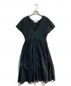 merletteマーレット）の古着「ミモレ丈 Vネック ショートスリーブ フレアー ギャザー ドレス ワンピース　別注 Ron Herman　115n53V」｜ブラック