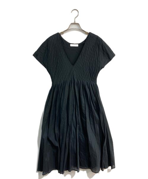 merlette（マーレット）Merlette (マーレット) ミモレ丈 Vネック ショートスリーブ フレアー ギャザー ドレス ワンピース　別注 Ron Herman　115n53V ブラック サイズ:-の古着・服飾アイテム