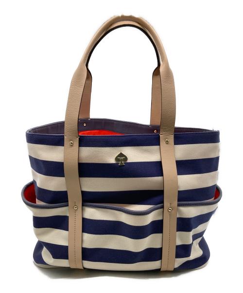 Kate Spade（ケイトスペード）Kate Spade (ケイトスペード) キャンバスレザーボーダートートバッグ ホワイト×ネイビーの古着・服飾アイテム
