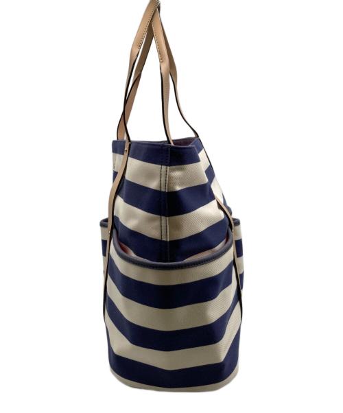 Kate Spade（ケイトスペード）Kate Spade (ケイトスペード) キャンバスレザーボーダートートバッグ ホワイト×ネイビーの古着・服飾アイテム