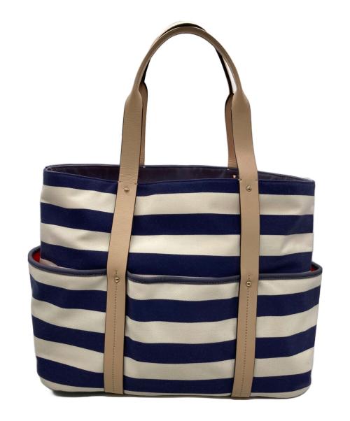 Kate Spade（ケイトスペード）Kate Spade (ケイトスペード) キャンバスレザーボーダートートバッグ ホワイト×ネイビーの古着・服飾アイテム