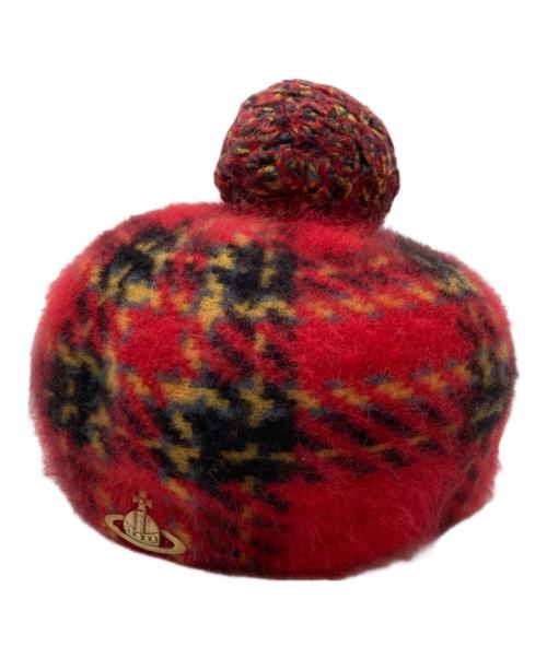 Vivienne Westwood（ヴィヴィアンウエストウッド）Vivienne Westwood (ヴィヴィアンウエストウッド) オーブワッペンチェック柄アンゴラベレー帽 レッド×イエロー サイズ:Mの古着・服飾アイテム