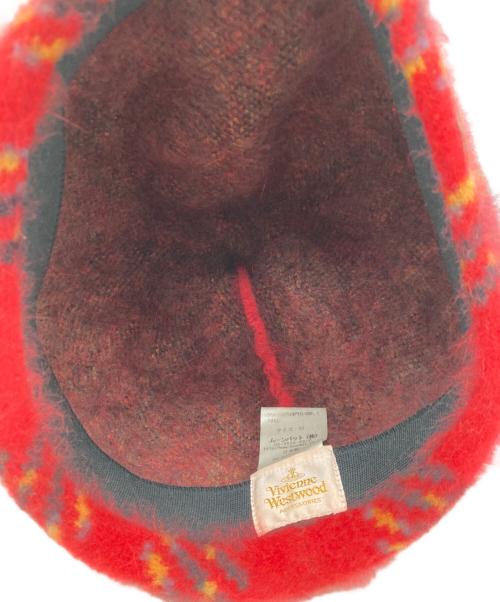 Vivienne Westwood（ヴィヴィアンウエストウッド）Vivienne Westwood (ヴィヴィアンウエストウッド) オーブワッペンチェック柄アンゴラベレー帽 レッド×イエロー サイズ:Mの古着・服飾アイテム