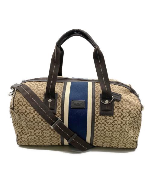 COACH（コーチ）COACH (コーチ) ミニシグネチャー ストライプ ボストンバッグ ブラウンン×ネイビーの古着・服飾アイテム