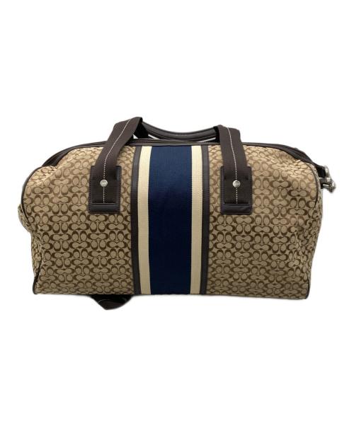 COACH（コーチ）COACH (コーチ) ミニシグネチャー ストライプ ボストンバッグ ブラウンン×ネイビーの古着・服飾アイテム