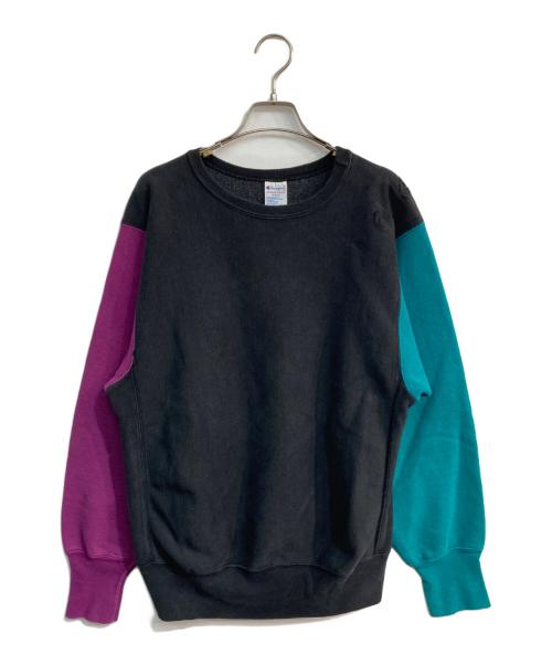 Champion REVERSE WEAVE（チャンピオン リバース ウィーブ）Champion REVERSE WEAVE (チャンピオン リバース ウィーブ) クルーネックスウェット　クレイジーパターン　 刺繍タグ  ブラック×パープル サイズ:Lの古着・服飾アイテム