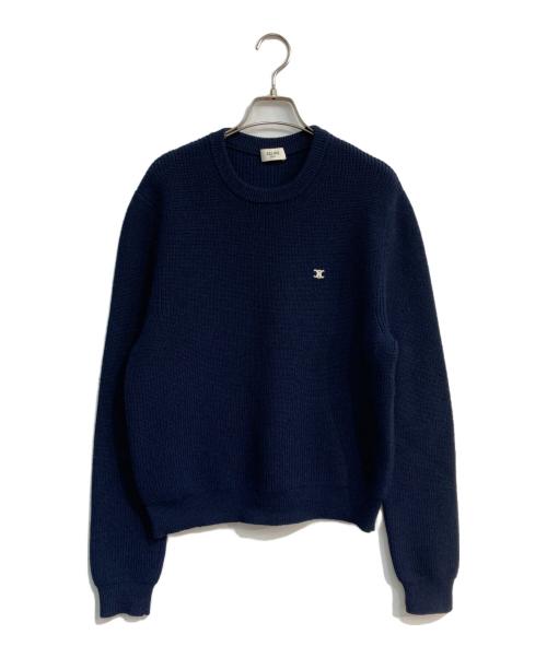 CELINE（セリーヌ）CELINE (セリーヌ) トリオンフ ロゴ刺繍 ウール クルーネックニット ネイビー サイズ:Lの古着・服飾アイテム