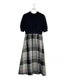 BLUE LABEL CRESTBRIDGE（ブルーレーベルクレストブリッジ）の古着「チェックドレープツイル ニットコンビマキシワンピース」｜ブラック×グレー