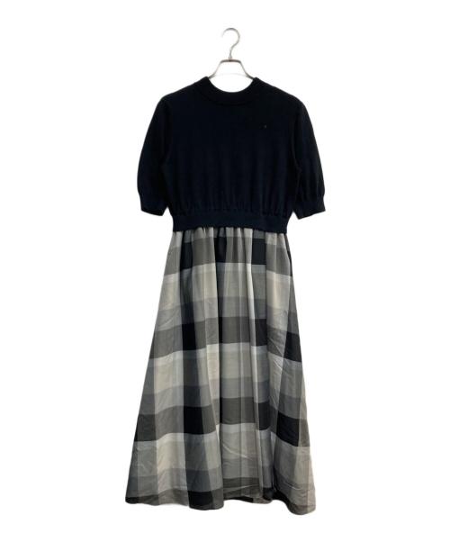BLUE LABEL CRESTBRIDGE（ブルーレーベルクレストブリッジ）BLUE LABEL CRESTBRIDGE (ブルーレーベルクレストブリッジ) チェックドレープツイル ニットコンビマキシワンピース ブラック×グレー サイズ:38の古着・服飾アイテム