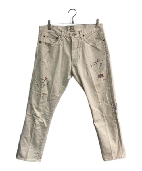 POLO RALPH LAUREN（ポロ・ラルフローレン）POLO RALPH LAUREN (ポロ・ラルフローレン) ダメージ加工ペイントパンツ アイボリー サイズ:32×32の古着・服飾アイテム