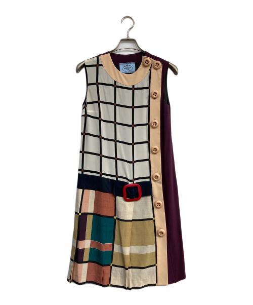 PRADA（プラダ）PRADA (プラダ) 総柄シルクワンピース アイボリー×パープル サイズ:36の古着・服飾アイテム