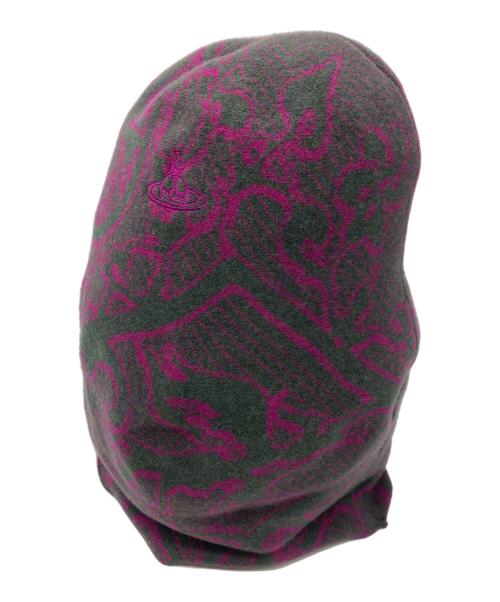 Vivienne Westwood（ヴィヴィアンウエストウッド）Vivienne Westwood (ヴィヴィアンウエストウッド) ジャガードニット帽 パープル×グレーの古着・服飾アイテム
