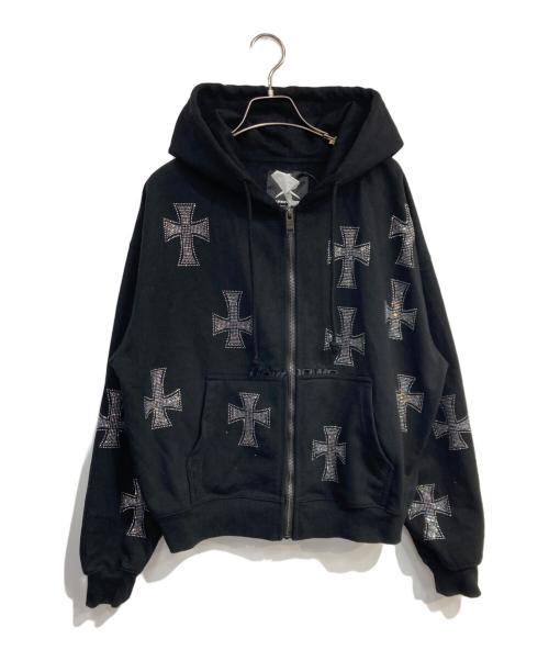 unknown（アンノーン）Unknown (アンノーン) ラインストーンクロスジップパーカー ブラック サイズ:Mの古着・服飾アイテム