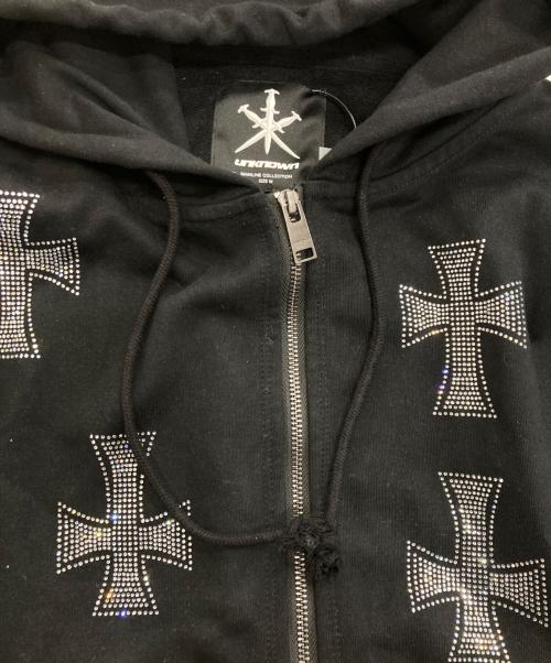 unknown（アンノーン）Unknown (アンノーン) ラインストーンクロスジップパーカー ブラック サイズ:Mの古着・服飾アイテム