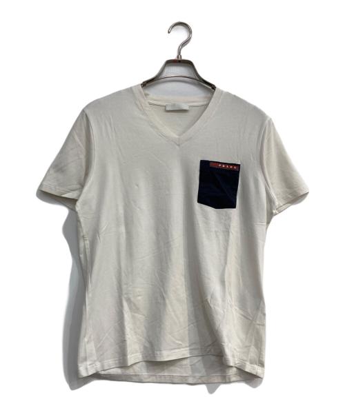 PRADA（プラダ）PRADA (プラダ) Vネックロゴ半袖Tシャツ ホワイト サイズ:Ⅿの古着・服飾アイテム