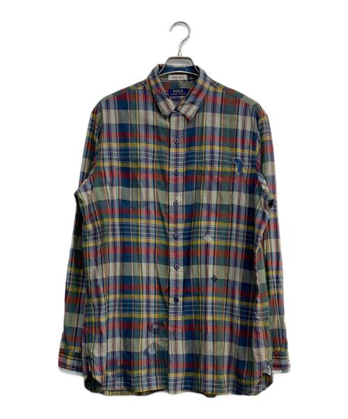 POLO RALPH LAUREN（ポロ・ラルフローレン）POLO RALPH LAUREN (ポロ・ラルフローレン) リペア加工パッチワークチェックシャツ ネイビー サイズ:Lの古着・服飾アイテム