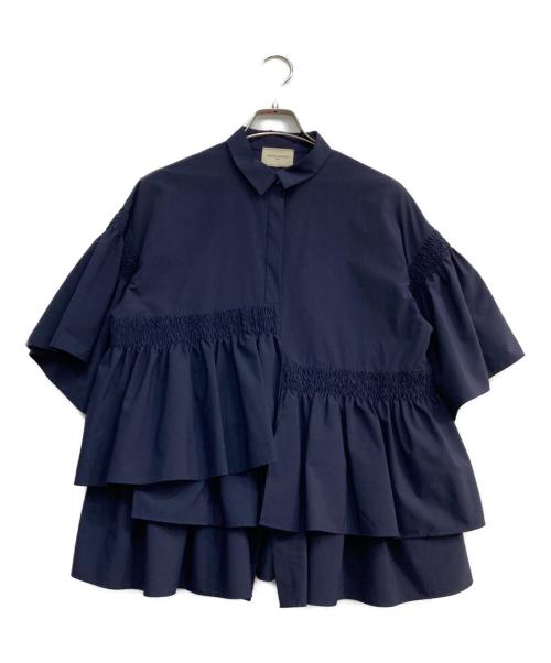 UNITED ARROWS TOKYO（ユナイテッドアローズトウキョウ）UNITED ARROWS TOKYO (ユナイテッドアローズトウキョウ) イレギュラー シャーリング 六分袖 ブラウス ネイビー サイズ:38の古着・服飾アイテム