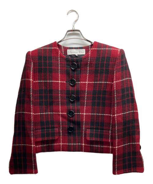 Christian Dior（クリスチャン ディオール）Christian Dior (クリスチャン ディオール) ノーカラーツイードジャケット レッド×ブラック サイズ:Mの古着・服飾アイテム