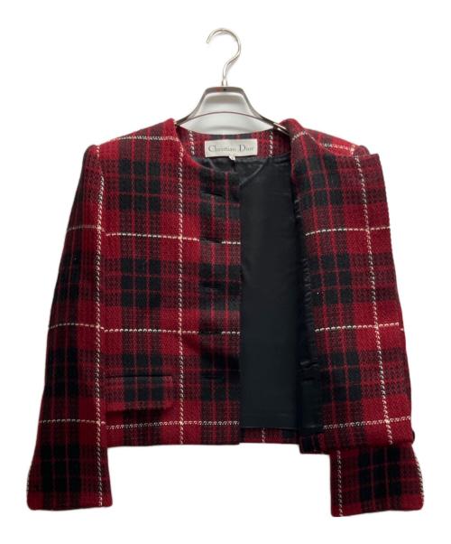 Christian Dior（クリスチャン ディオール）Christian Dior (クリスチャン ディオール) ノーカラーツイードジャケット レッド×ブラック サイズ:Mの古着・服飾アイテム