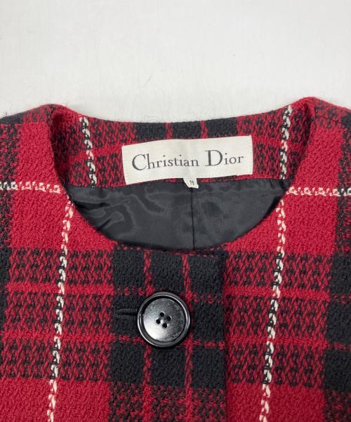 Christian Dior（クリスチャン ディオール）Christian Dior (クリスチャン ディオール) ノーカラーツイードジャケット レッド×ブラック サイズ:Mの古着・服飾アイテム