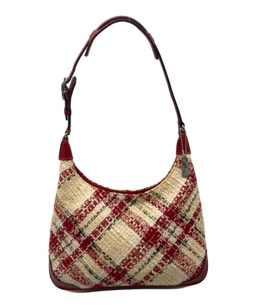 COACH（コーチ）COACH (コーチ) ツイードレザーコンビショルダーバッグ レッド×ベージュの古着・服飾アイテム