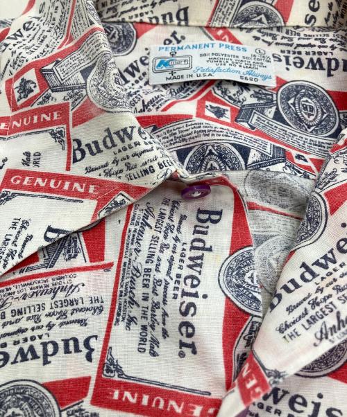 PERMANENT PRESS（パーマネントプレス）PERMANENT PRESS (パーマネントプレス) budweiserオールオーバープリントオープンカラーシャツ レッド サイズ:Lの古着・服飾アイテム