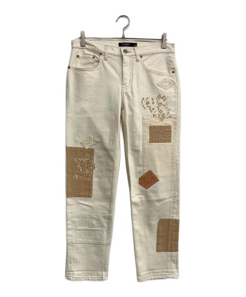 LAUREN RALPH LAUREN（ローレン ラルフ ローレン）LAUREN RALPH LAUREN (ローレン ラルフ ローレン) パッチワークビジューデニムパンツ アイボリー サイズ:2の古着・服飾アイテム