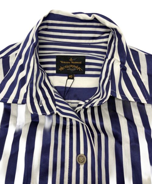 Vivienne Westwood ANGLOMANIA（ヴィヴィアンウエストウッドアングロマニア）Vivienne Westwood ANGLOMANIA (ヴィヴィアンウエストウッドアングロマニア) バックオープンストライプワンピース ブルー×ホワイト サイズ:40の古着・服飾アイテム