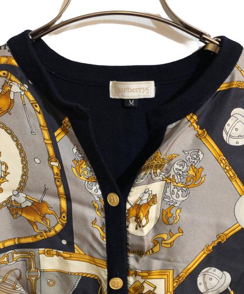 Burberry's（バーバリーズ）Burberry's (バーバリーズ) シルクスカーフ切替カーディガン ネイビー サイズ:Mの古着・服飾アイテム